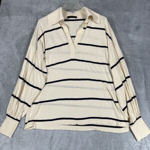 Made In Tomboy Mina Shirt Womens Small Beige Navy Striped Polo Low Nacked